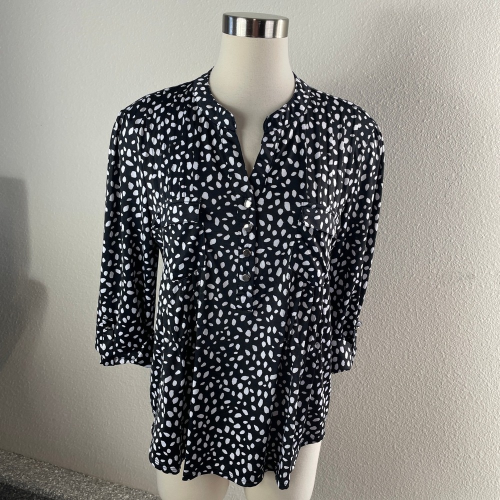 Cocomo Womens PXL Petite Black White Polka Dot Blouse 3/4 Sleeve Button Top